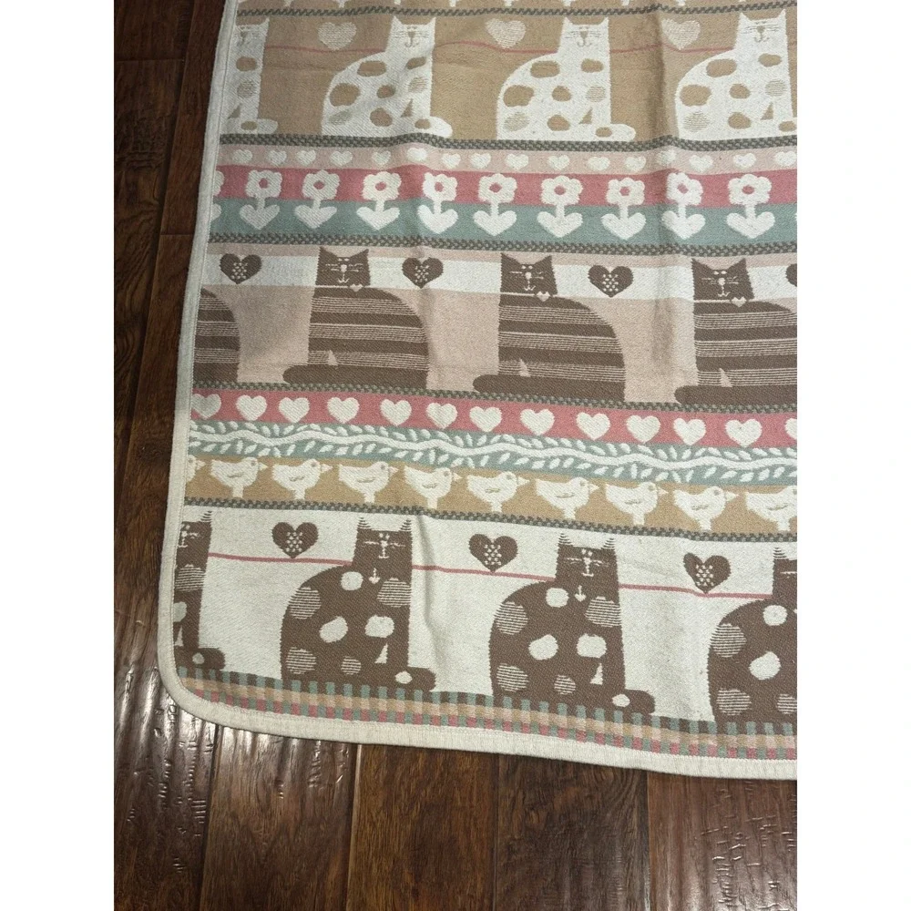 Vintage Cat Afghan Throw Blanket Tan Brown Woven Hearts Birds 53x60
